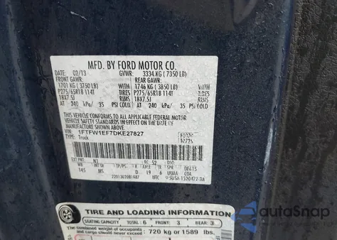 2013 Ford F-150 Xlt из США, поврежденный, VIN 1FTFW1EF7DKE27827